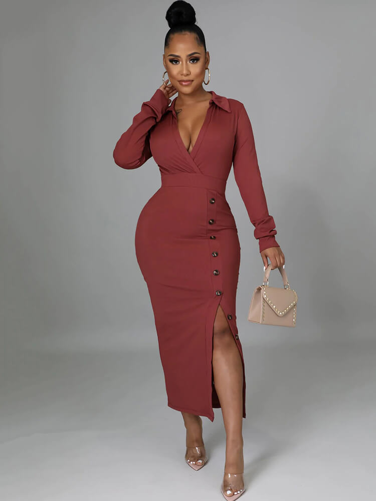 Long Sleeve V Neck Split Midi Dresses