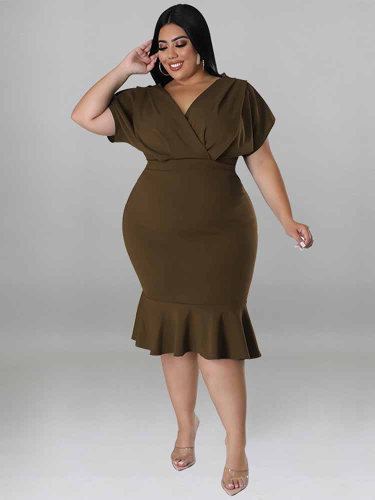 V Neck Ruffle Hem Plus Size Midi Dresses