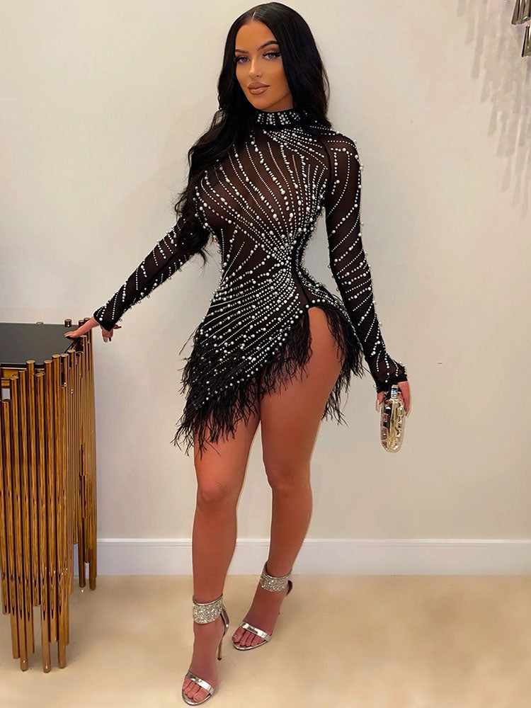 Mesh Rhinestone Tassel Bodycon Mini Dresses