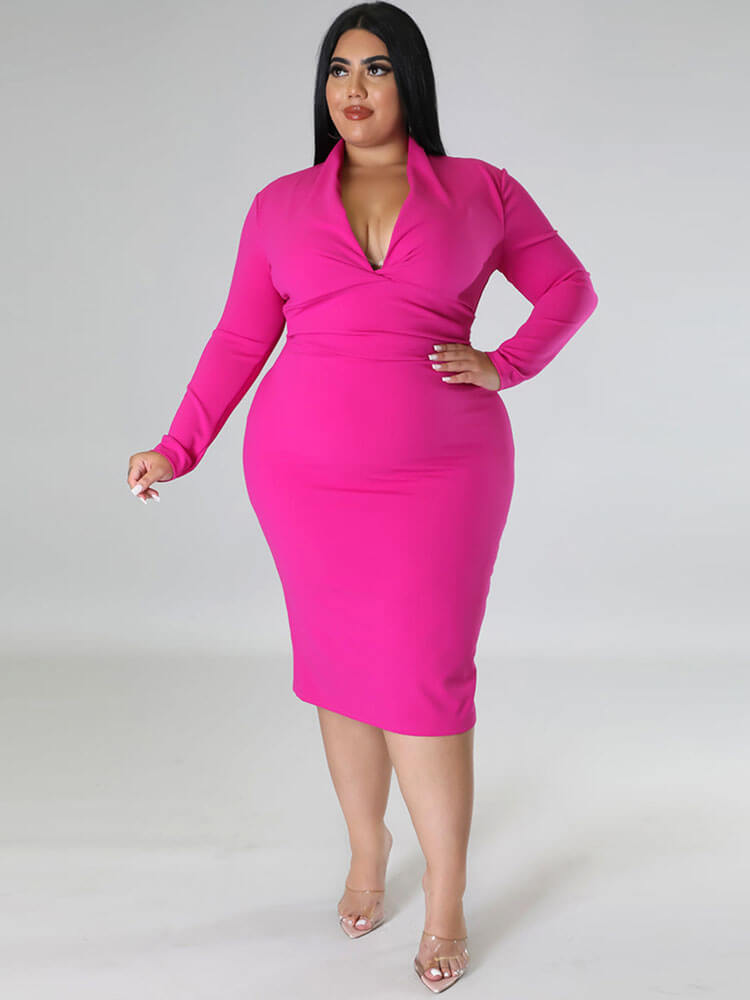 Plus Size V Neck Long Sleeve Ruched Midi Dresses