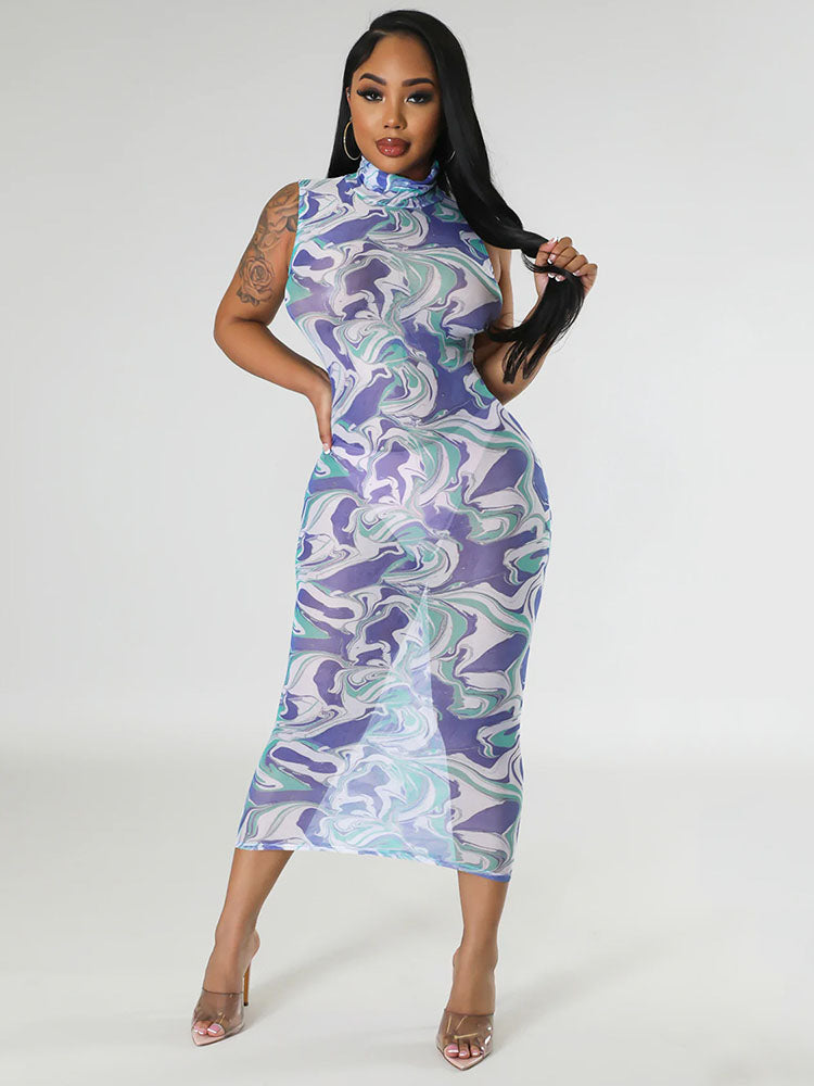 Sleeveless Mesh Printed Bodycon Midi Dresses