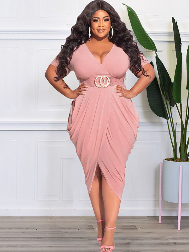 Plus Size Short Sleeve Ruched Bodycon Midi Dresses