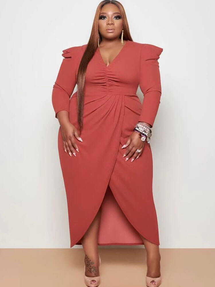 Plus Size Long Sleeve Asymmetrical Midi Dresses