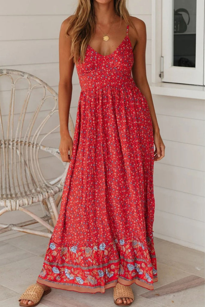 Boho Bohemian Spaghetti Strap Frill Trim Maxi Dress