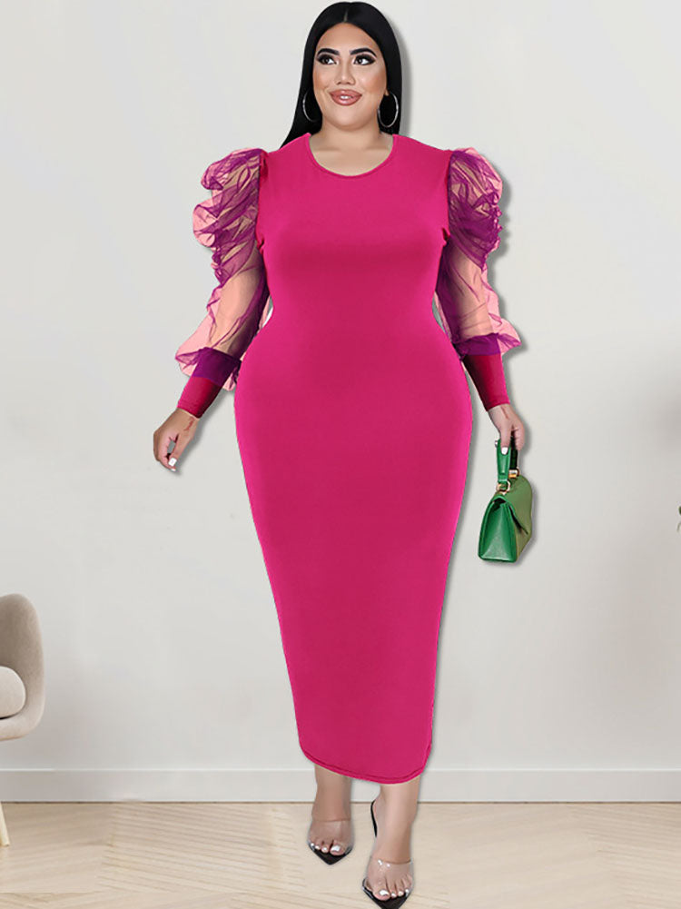 Plus Size Mesh Puff Sleeve Bodycon Maxi Dresses