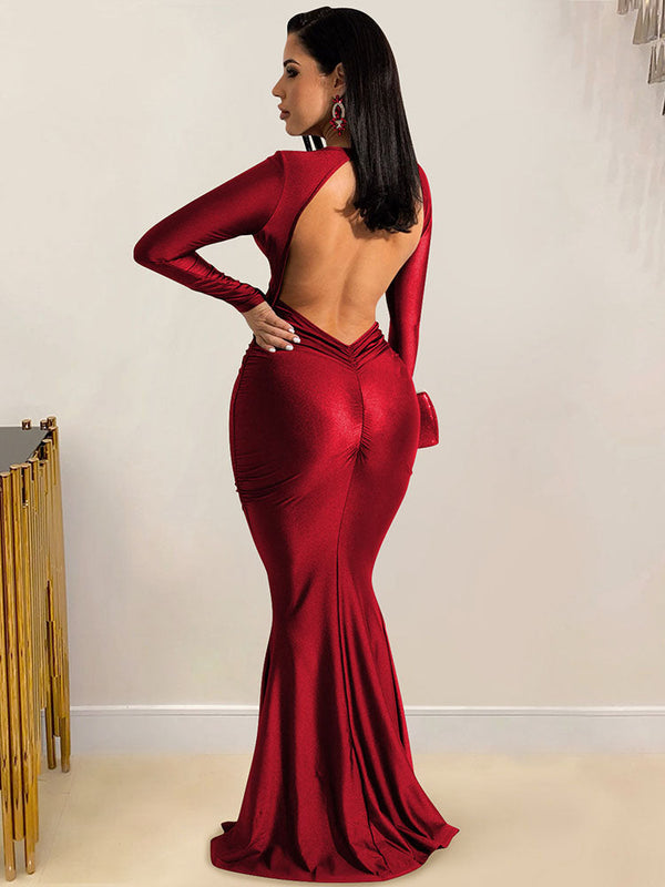 Long Sleeves Backless Fishtail Maxi Dresses