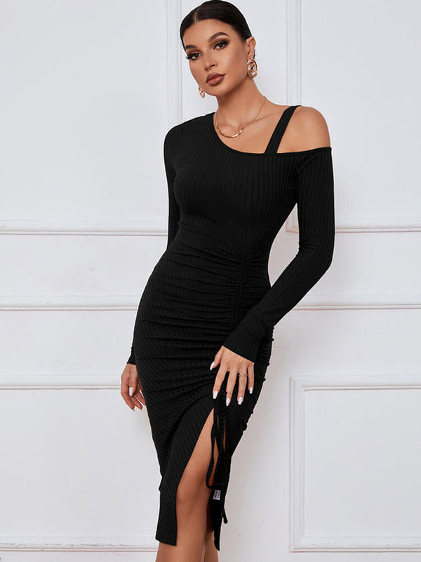 One Shoulder Ribbed Knit Drawstring Slit Midi Dresses