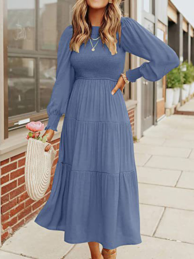 Long Sleeve Tiered Crew Neck Midi Dresses