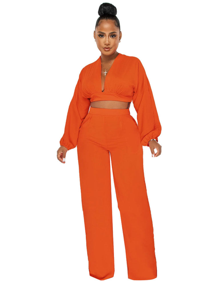 Two Piece V Neck Crop Top & Wide Leg Pants