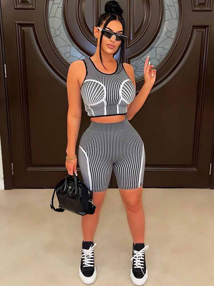 Two Piece Stripe Crop Top & Shorts Tracksuits