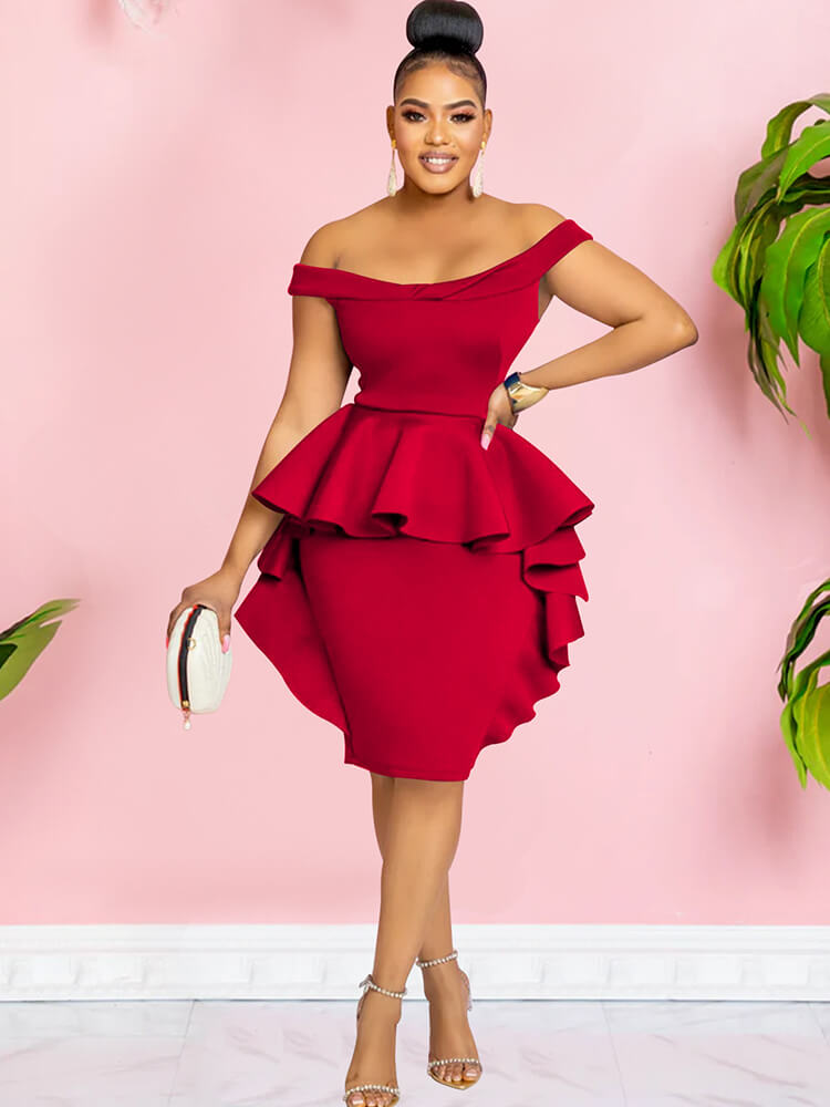 Off Shoulder Ruffle Bodycon Midi Dresses