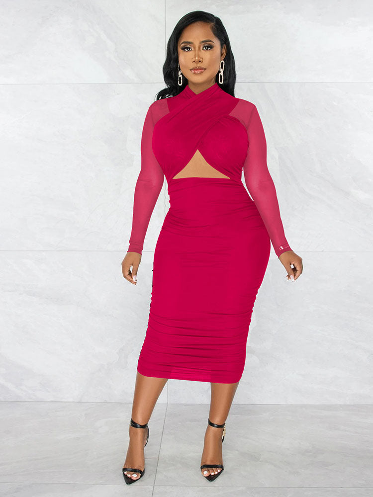 Mesh Criss-Cross Cut-Out Midi Dresses