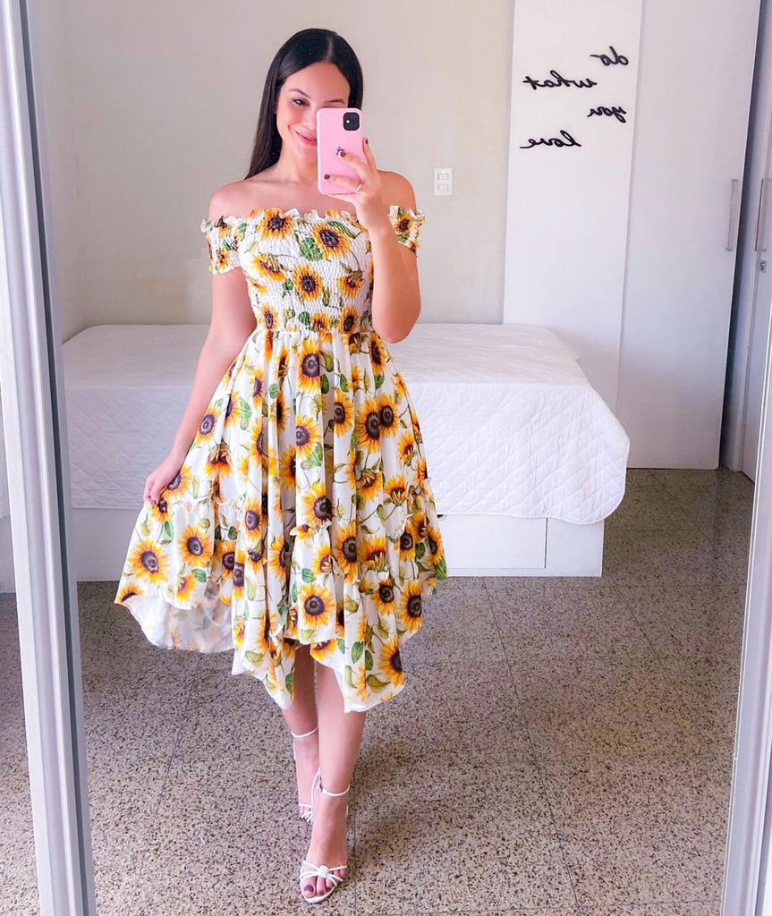 Off Shoulder Floral Ruffle Short Sleeve Midi Dress