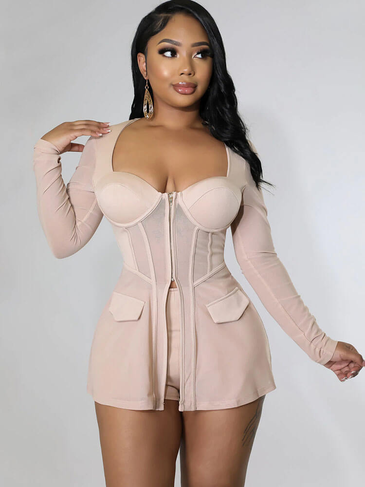 Mesh Patchwork Corset Tops Two Piece Shorts Set