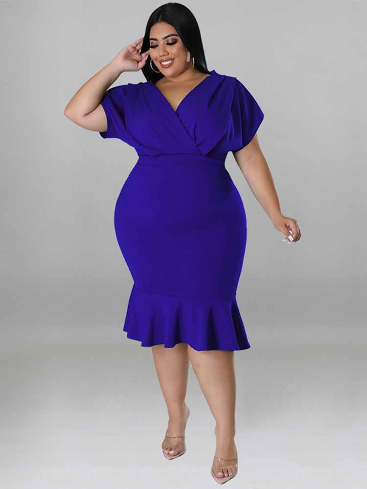 V Neck Ruffle Hem Plus Size Midi Dresses