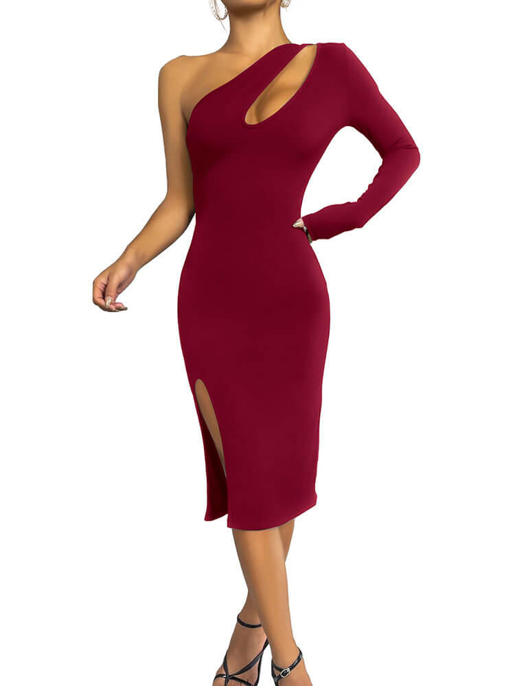 One Shoulder Cutout Slit Midi Dresses