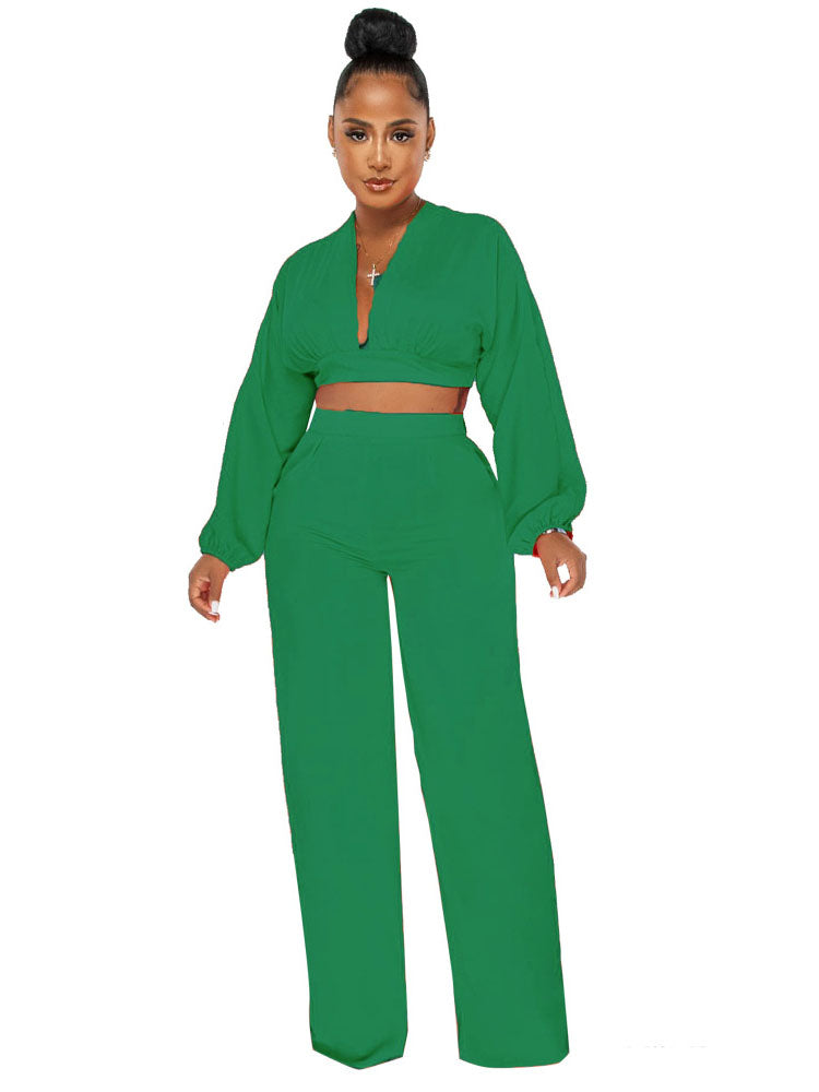 Two Piece V Neck Crop Top & Wide Leg Pants