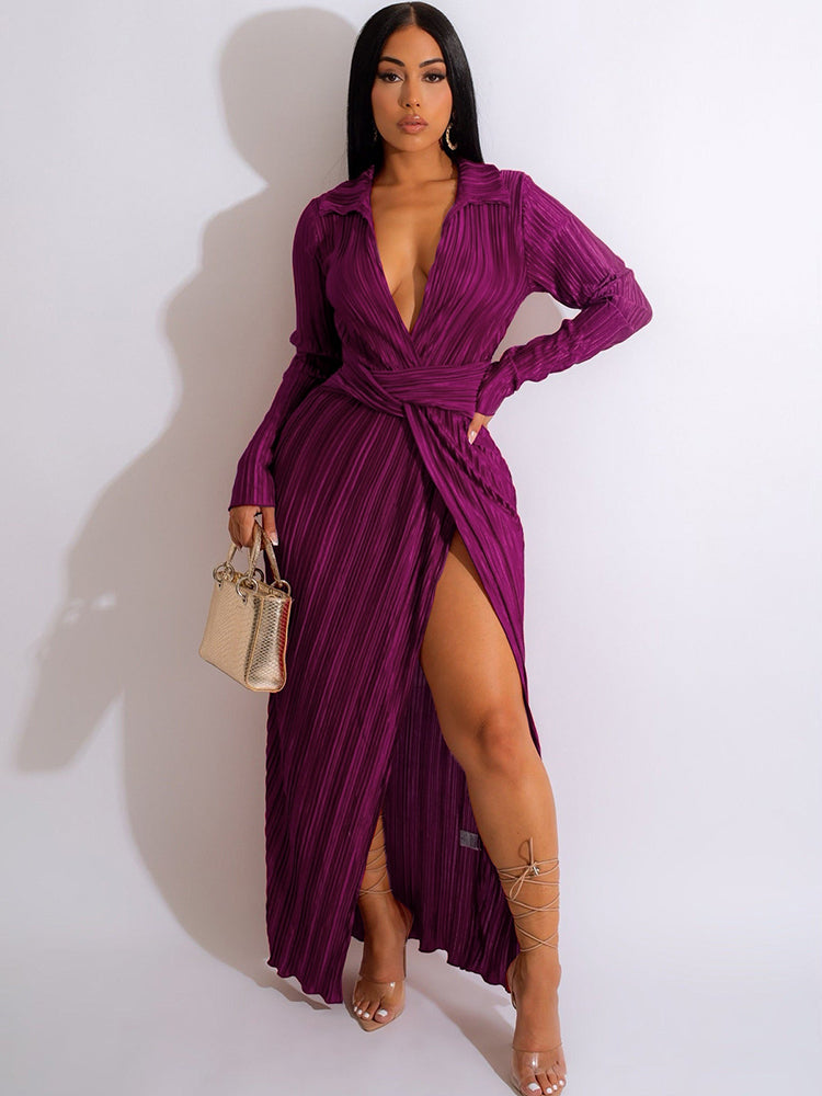 Long Sleeve Collar Pleated Belt Maxi Dresses