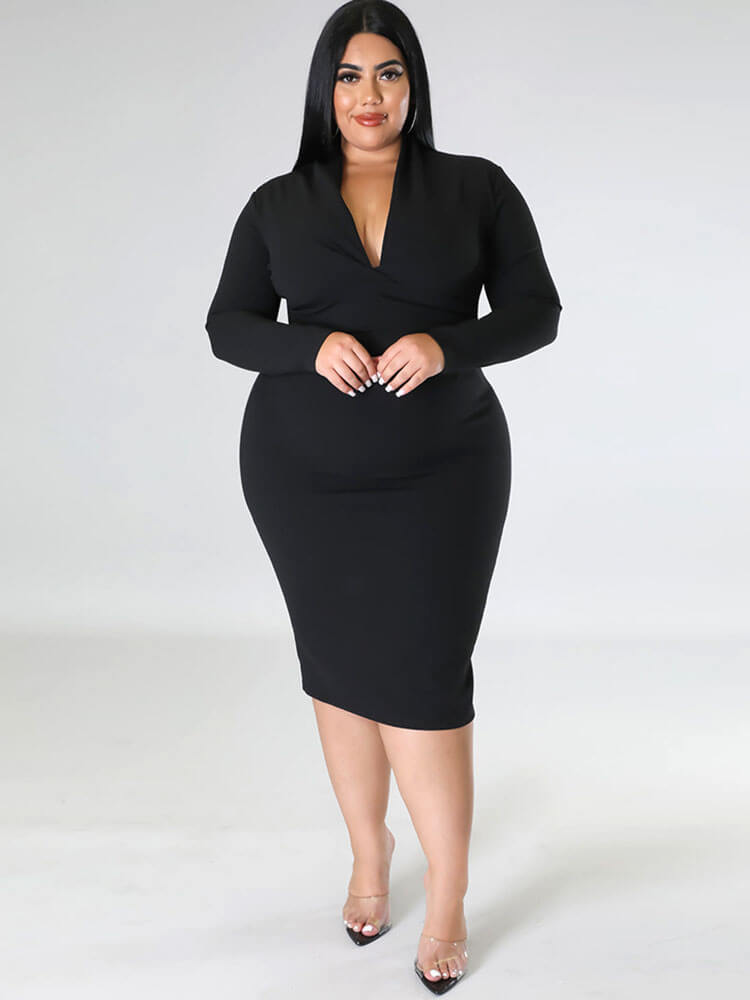 Plus Size V Neck Long Sleeve Ruched Midi Dresses