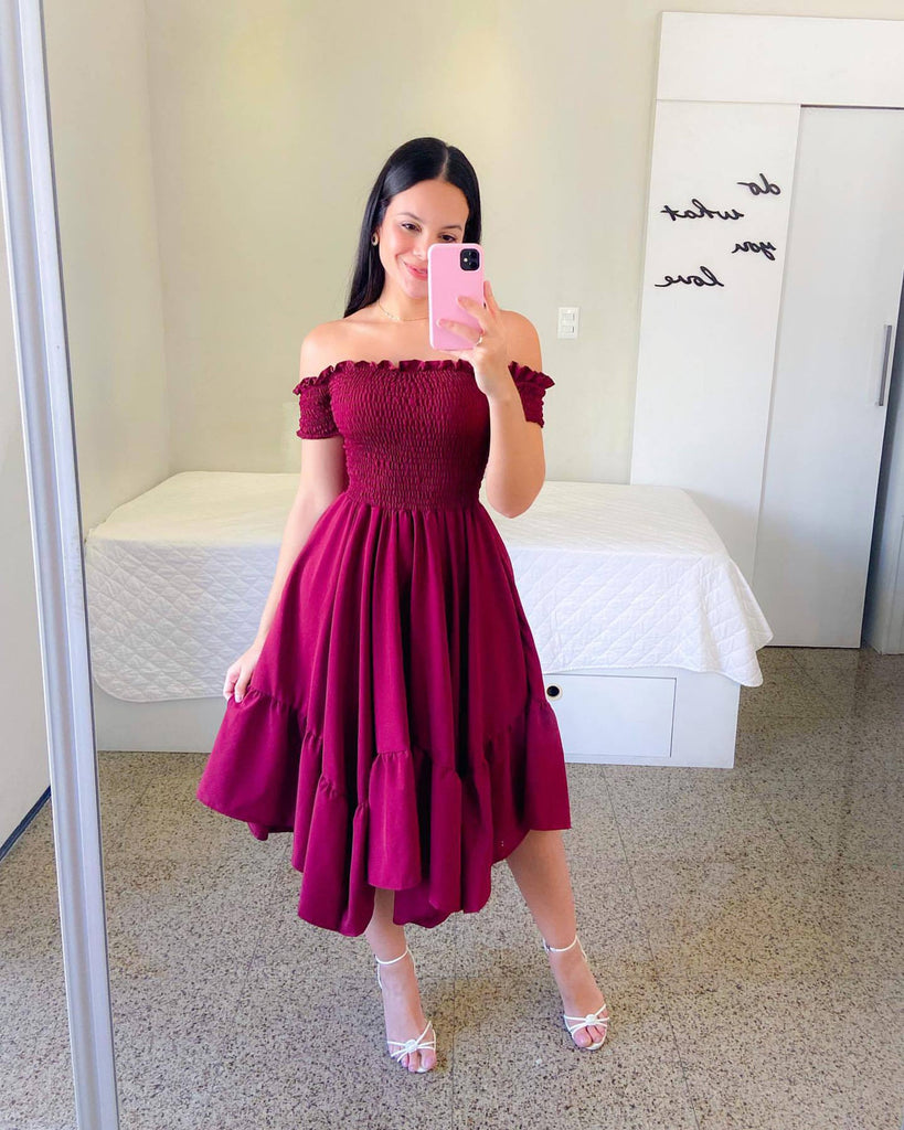 Off Shoulder Short Sleeve Ruffle Midi Dress