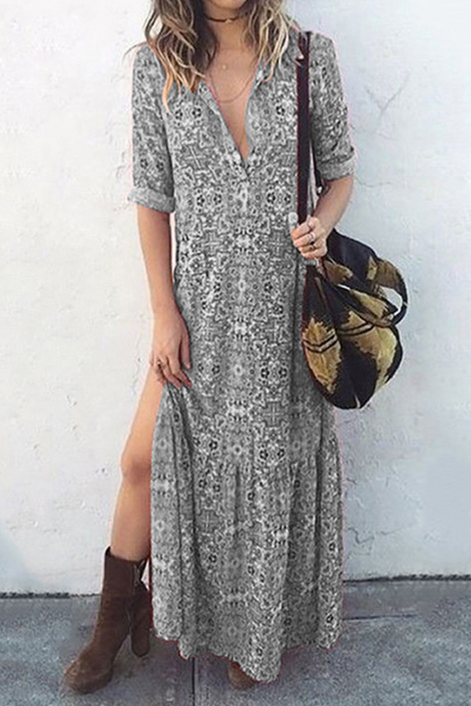 Casual Print Patchwork Turndown Collar Straight Dresses