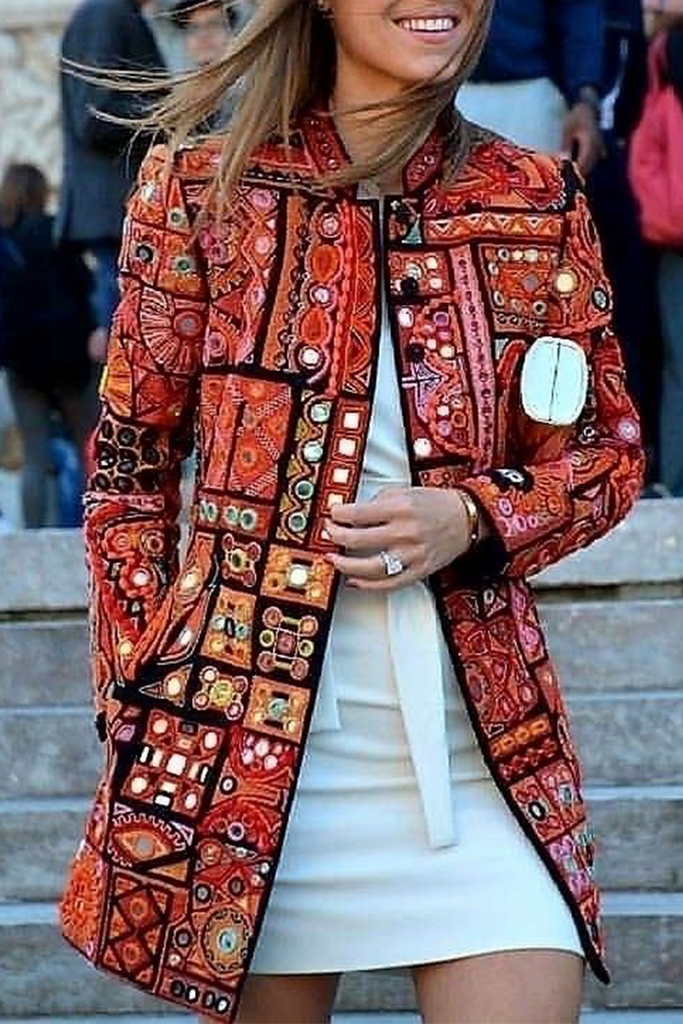 Casual Print Patchwork Cardigan Collar