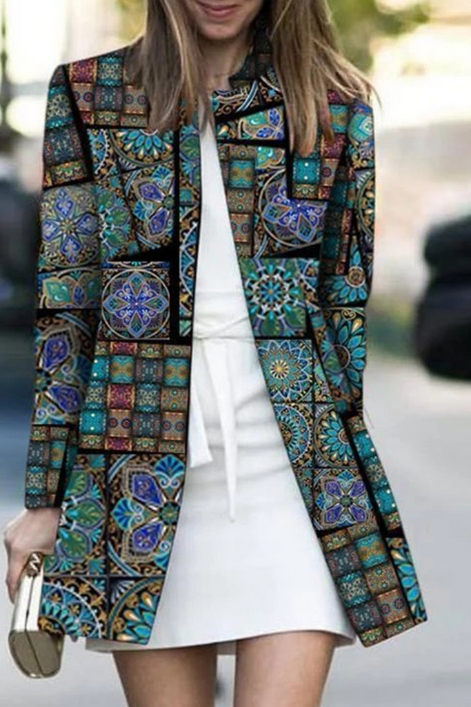 Casual Print Patchwork Cardigan Collar