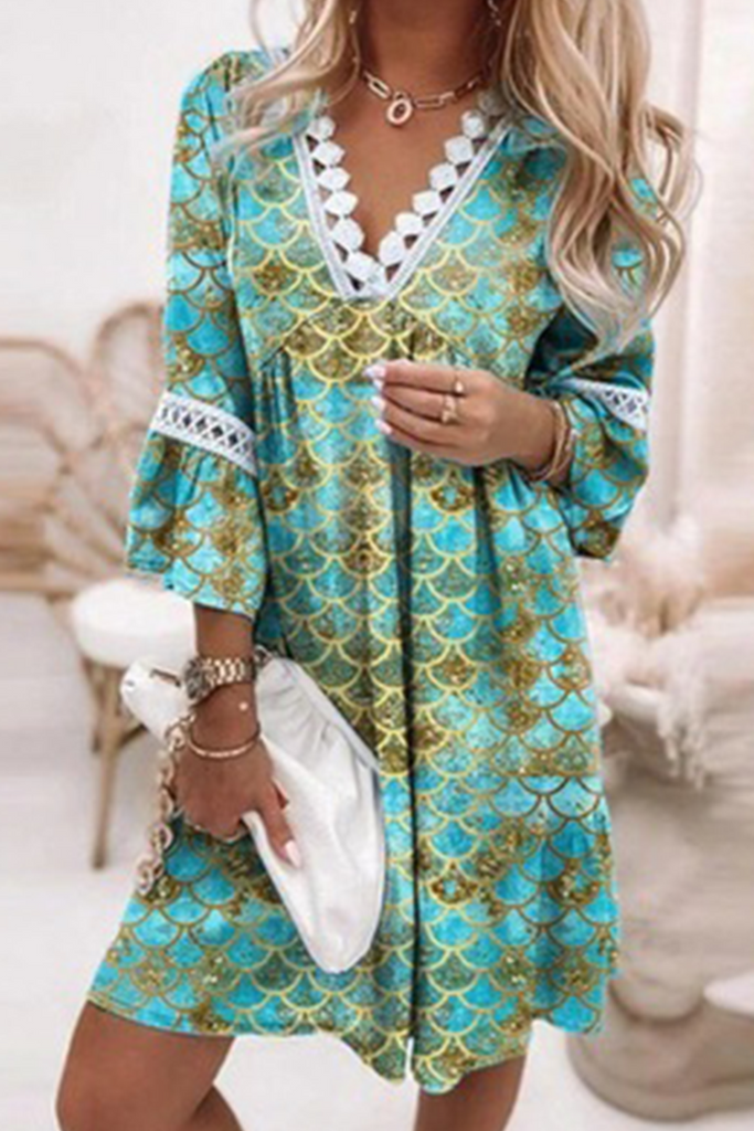 Casual Print Patchwork V Neck Straight Dresses