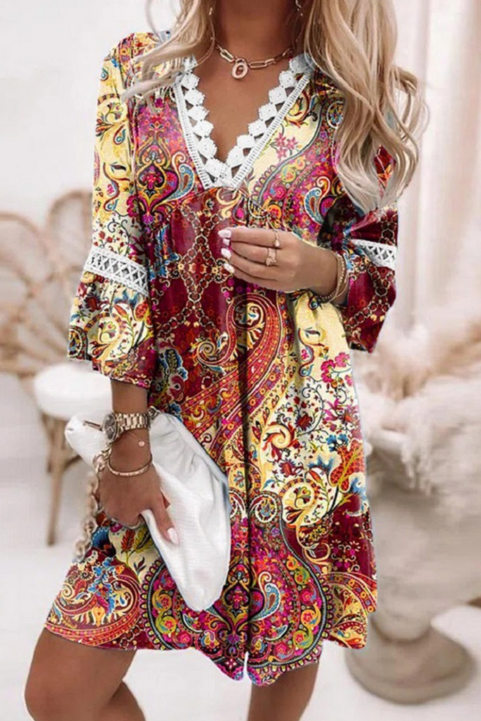 Casual Print Patchwork V Neck Straight Dresses