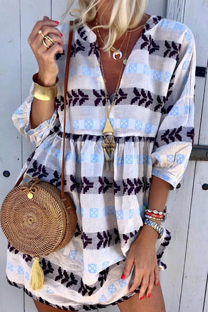 Casual Print Patchwork V Neck Straight Dresses