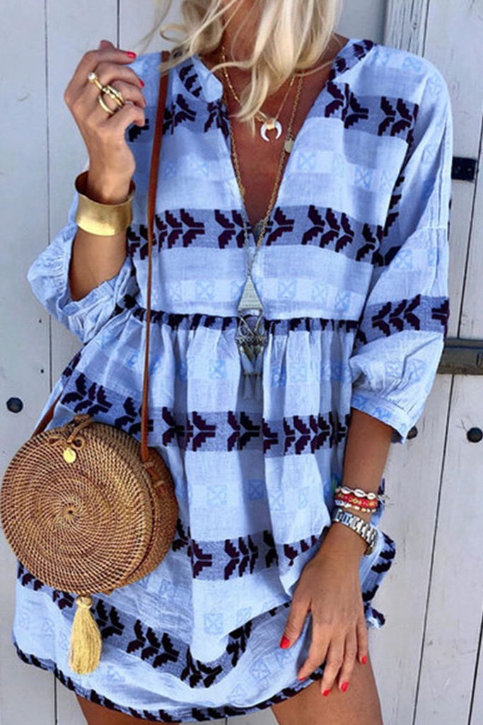 Casual Print Patchwork V Neck Straight Dresses