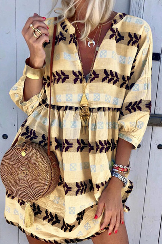 Casual Print Patchwork V Neck Straight Dresses