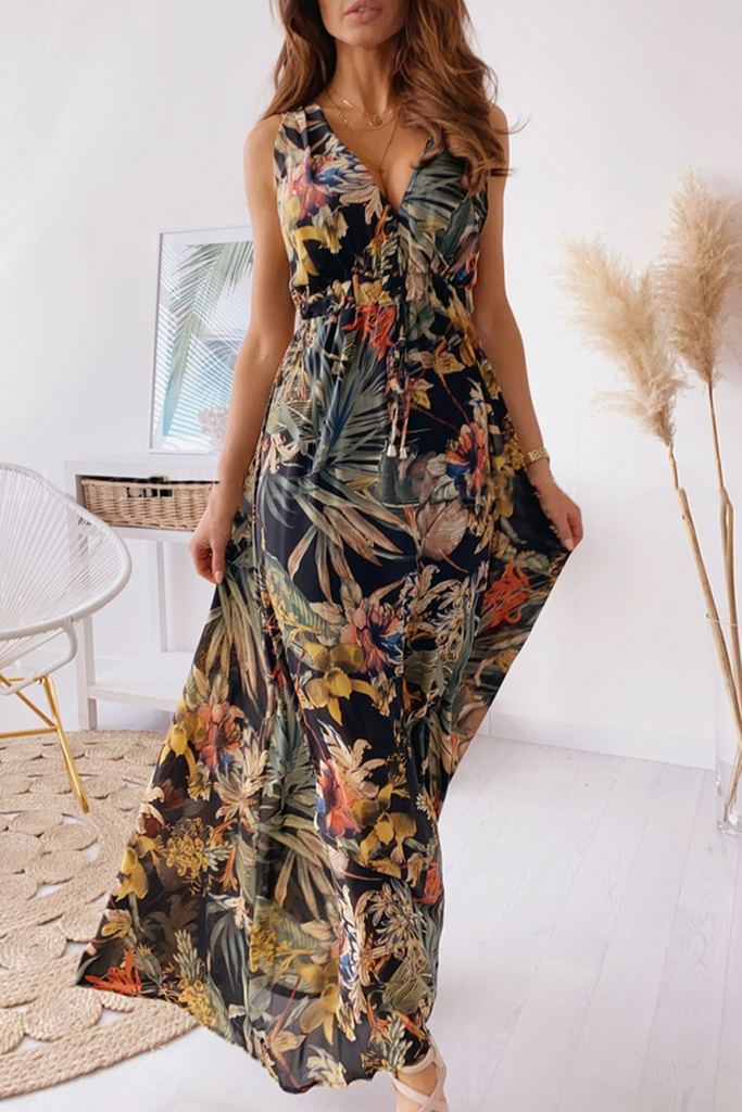 Casual Print Patchwork V Neck Waist Skirt Dresses