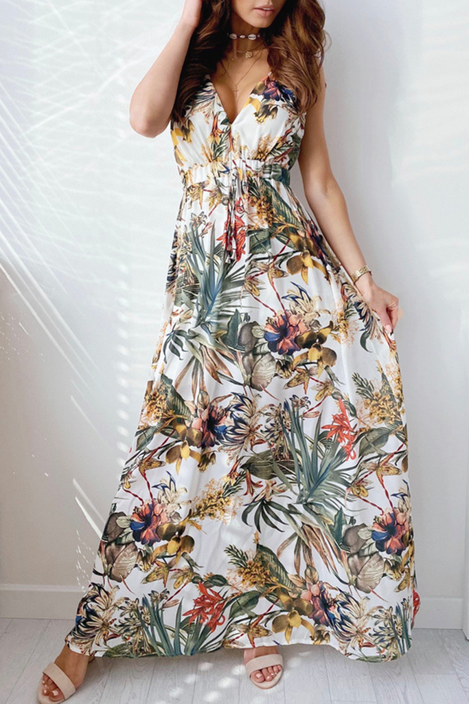 Casual Print Patchwork V Neck Waist Skirt Dresses