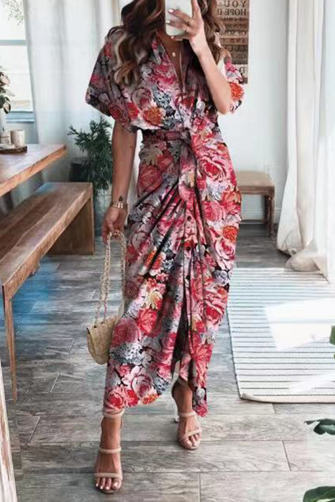 Fashion Print Patchwork V Neck Straight Dresses