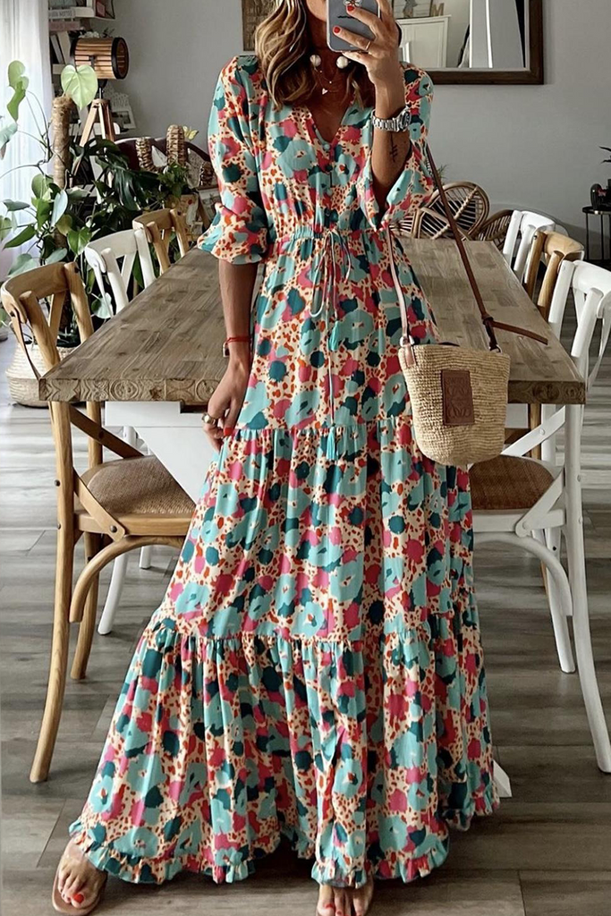 Fashion Print Patchwork V Neck Waist Skirt Dresses