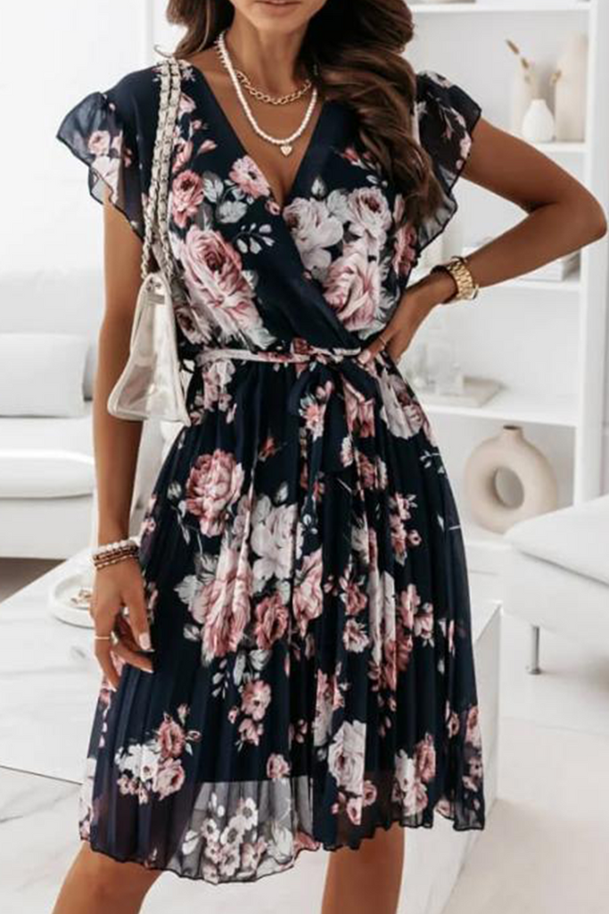 Casual Print Flounce V Neck Cake Skirt Dresses