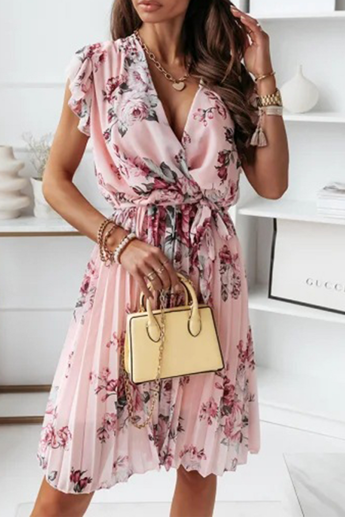 Casual Print Flounce V Neck Cake Skirt Dresses