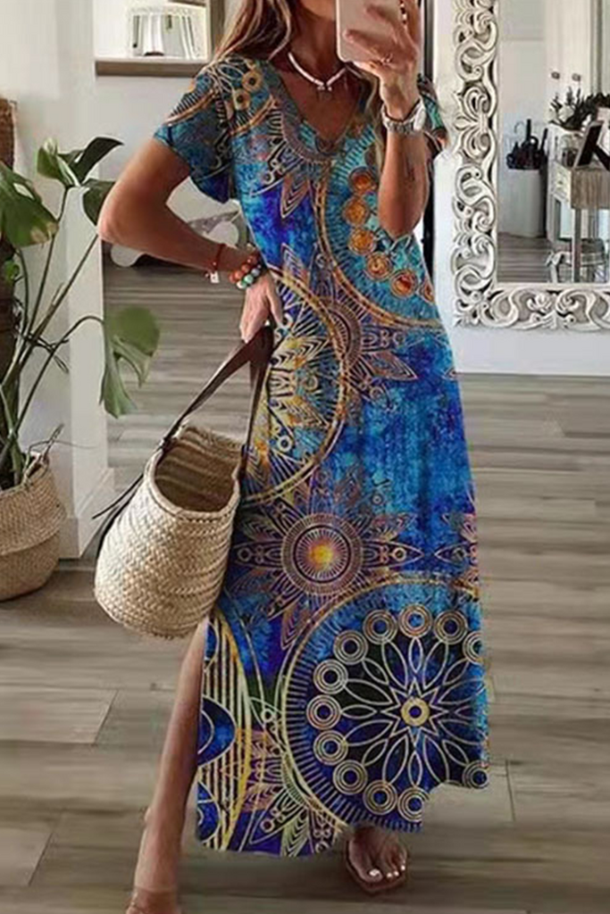 Casual Print Patchwork V Neck Straight Dresses