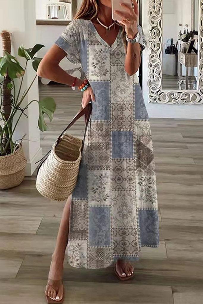 Casual Print Patchwork V Neck Straight Dresses