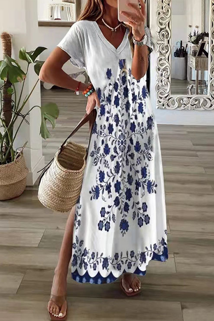 Casual Print Patchwork V Neck Straight Dresses