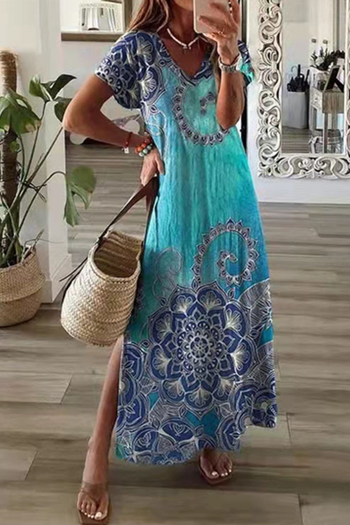 Casual Print Patchwork V Neck Straight Dresses