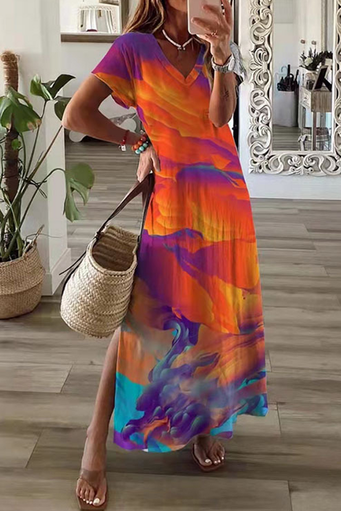 Casual Print Patchwork V Neck Straight Dresses