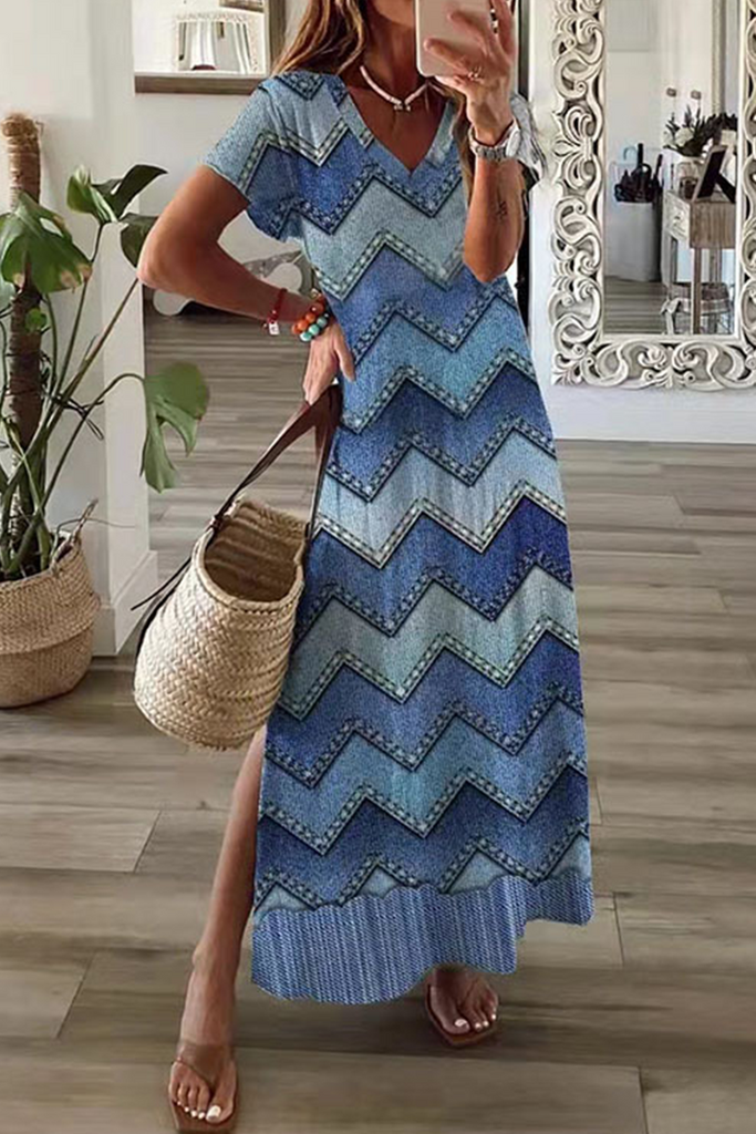 Casual Print Patchwork V Neck Straight Dresses