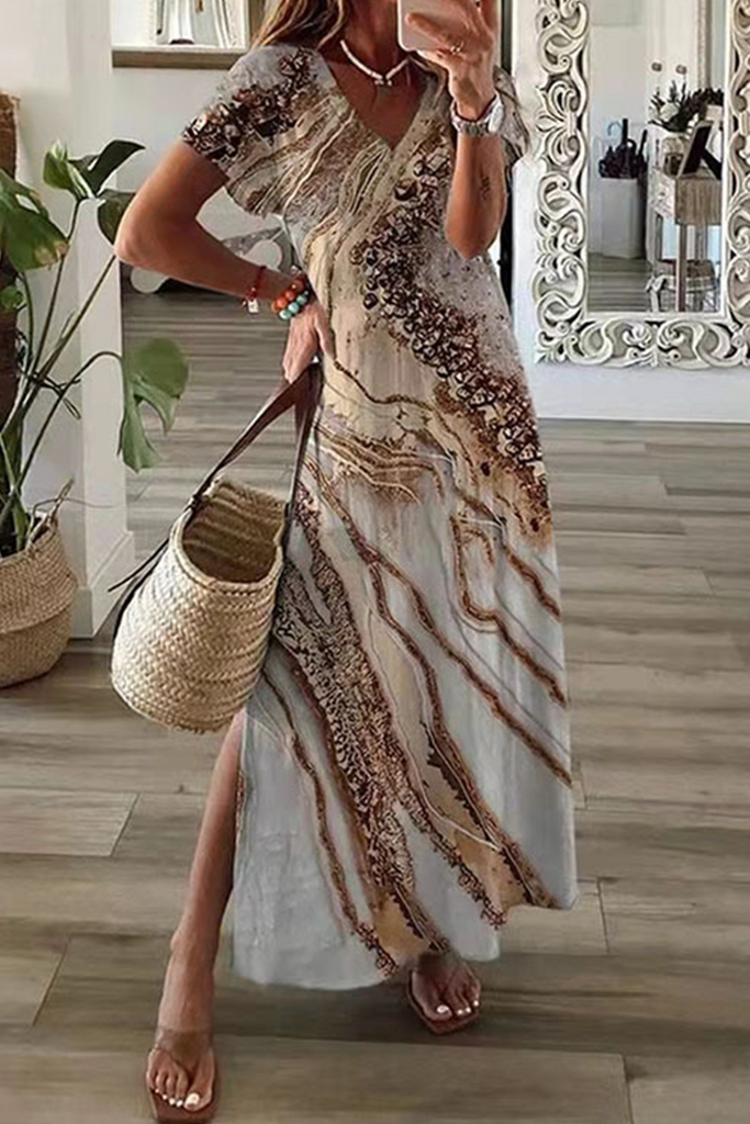 Casual Print Patchwork V Neck Straight Dresses