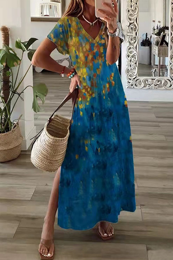 Casual Print Patchwork V Neck Straight Dresses