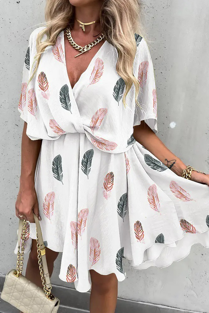 Casual Print Patchwork V Neck Waist Skirt Dresses