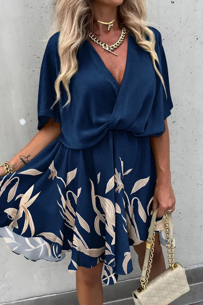 Casual Print Patchwork V Neck Waist Skirt Dresses