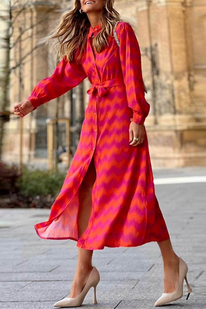 Casual Print Patchwork Turndown Collar Shirt Dresses