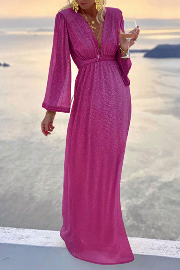 Fashion Elegant Solid Patchwork Fold V Neck Evening Dresses